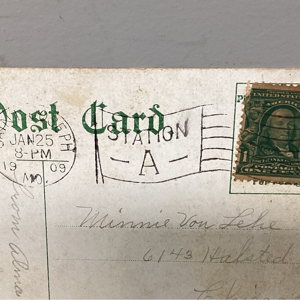 🟢 Antique - Dated 1909 - Post Card - 1 Cent Canceled Stamp - Benjamin Franklin - Picture 14 of 16